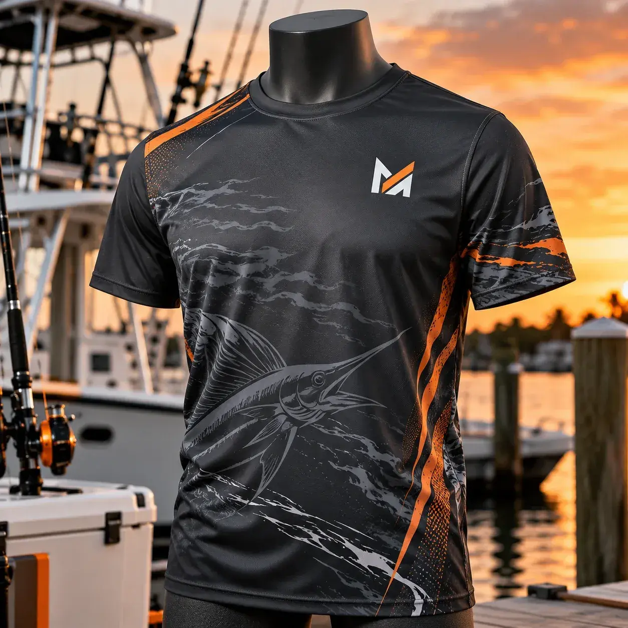 Black short sleeve performance fishing tee displayed on a mannequin, featuring orange and gray ocean-inspired graphics, a marlin print, and Mega Apparel branding in a sunset marina setting.